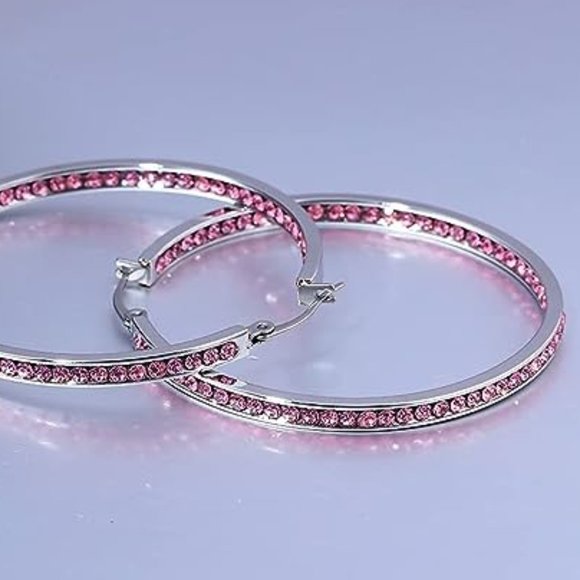 Pink Rhinestone Silver Hoop Earrings Crystal Channel Hoops Sparkling Rhinestones - Picture 9 of 14